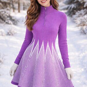 Purple and White Sweater Dress With Quarter Zip Size Small
